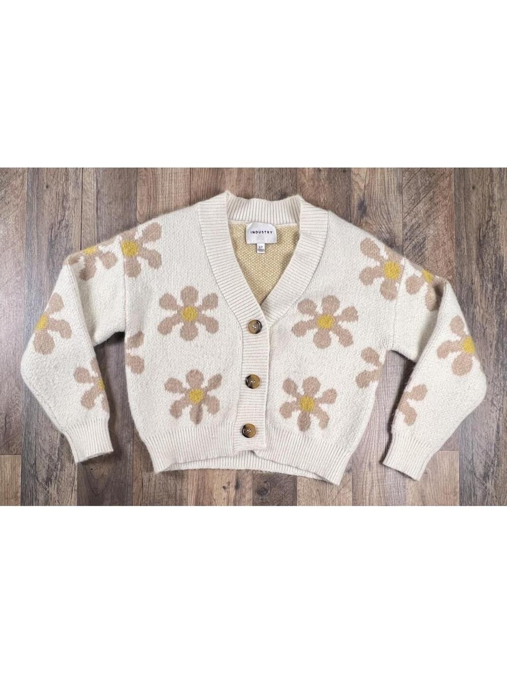 Industry Daisy Knit Cardigan Womens Small Beige Cropped Floral Button Sweater